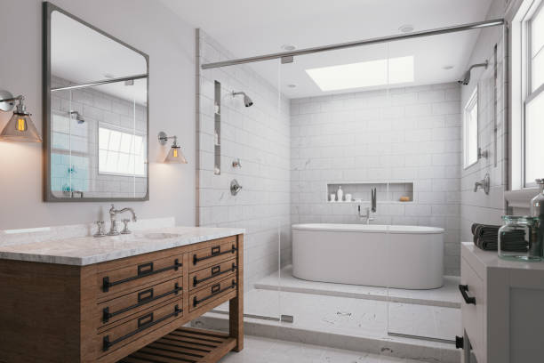 Interior of a modern luxurious bathroom with white marble, showcasing bathroom remodeling in Hillsborough, CA.