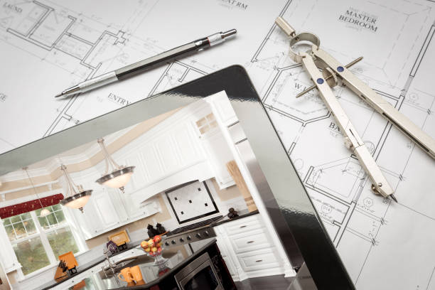 A tablet computer displaying a detailed drawing of a bathroom remodeling layout.