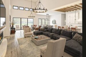A spacious living room featuring a cozy fireplace, showcasing elegant home remodeling in San Francisco with a warm and inviting atmosphere.